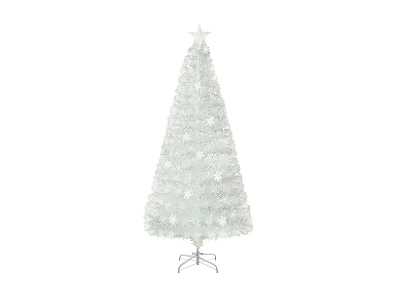 Sapin de Noël Artificiel à Fibre Optique Pré-Éclairé 180cm Blanc avec Feuilles Irisées Lumières Led Flocon De Neige Multicolores