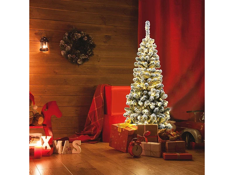 135 cm künstlicher Bleistift-Weihnachtsbaum mit Schnee und 150 LED-Lichtern