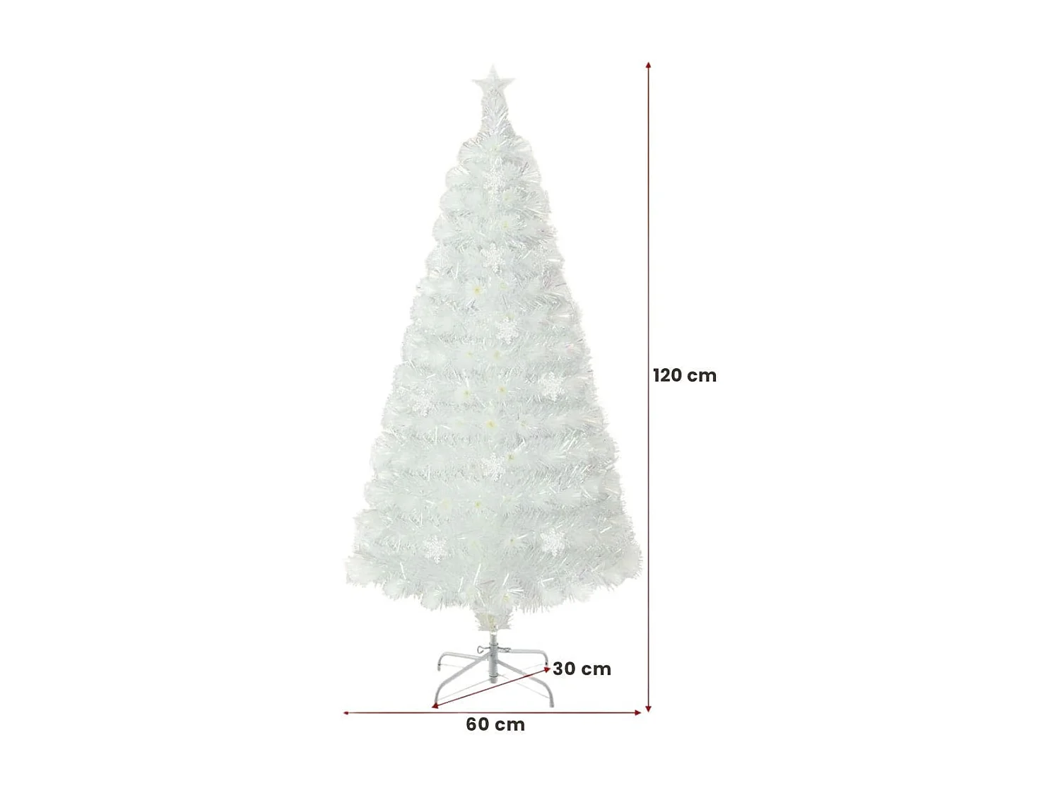 Arbre de Noël en fibre optique de 120 cm avec des feuilles étoilées irisées au sommet et des lumières LED, Arbre de Noël décoratif
