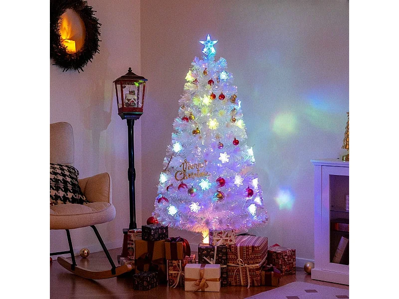 Arbre de Noël en fibre optique de 120 cm avec des feuilles étoilées irisées au sommet et des lumières LED, Arbre de Noël décoratif