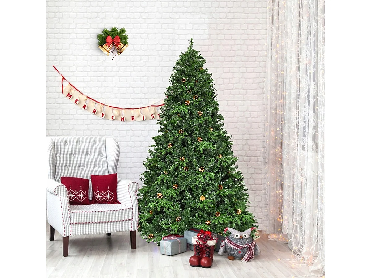 Sapin de Noël Artificiel 225cm Arbre de Noël 61 pommes de pin, Lumières LED, Pied en Métal 55cm, en PVC et PE, Vert