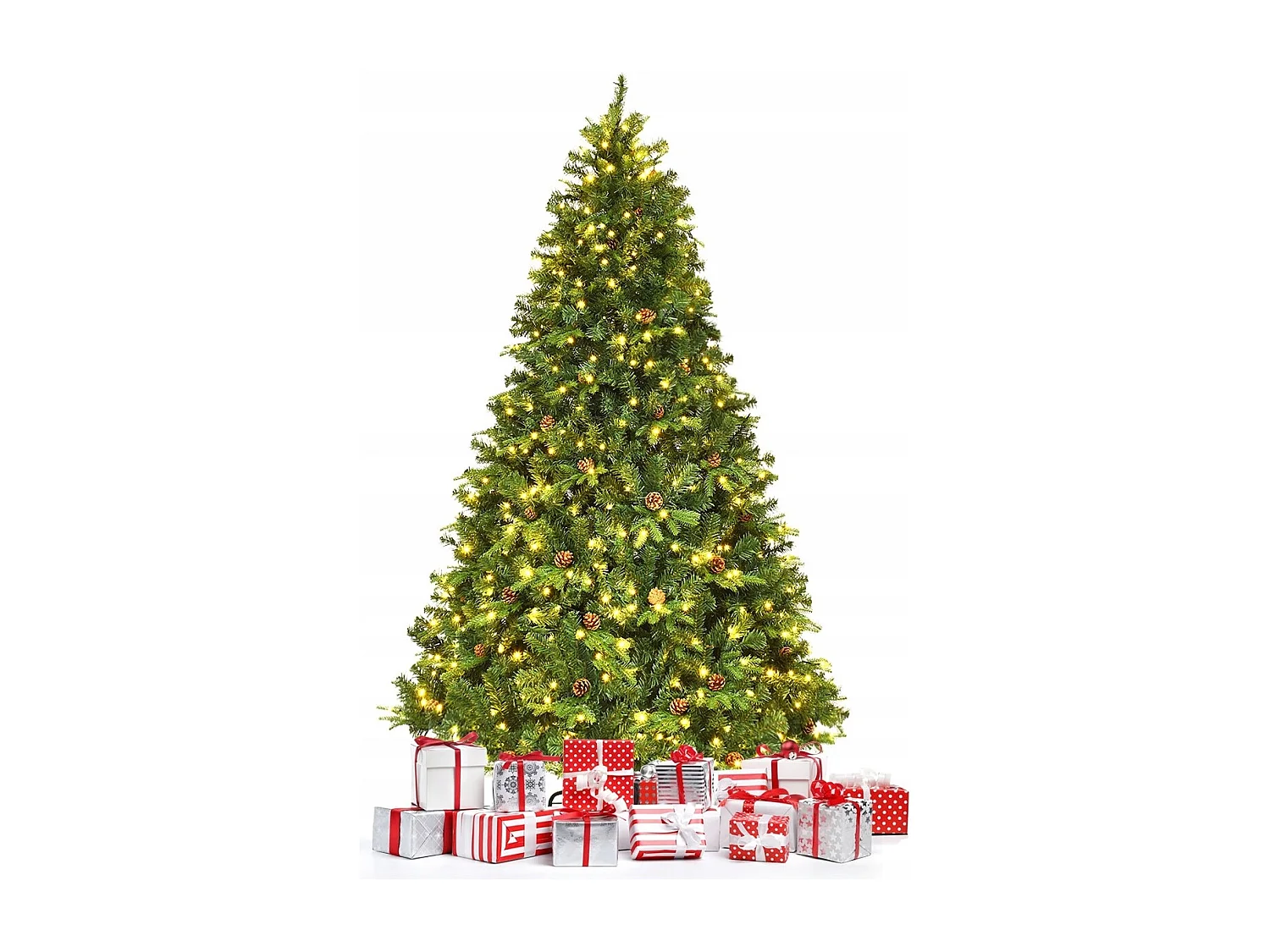 Sapin de Noël Artificiel 225cm Arbre de Noël 61 pommes de pin, Lumières LED, Pied en Métal 55cm, en PVC et PE, Vert