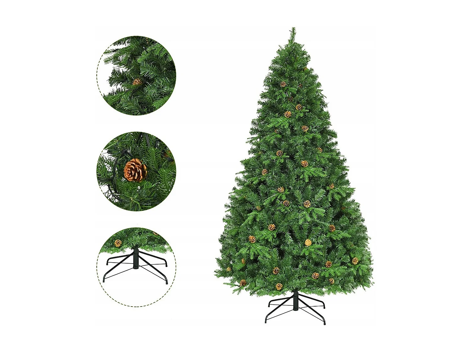 Sapin de Noël Artificiel 225cm Arbre de Noël 61 pommes de pin, Lumières LED, Pied en Métal 55cm, en PVC et PE, Vert