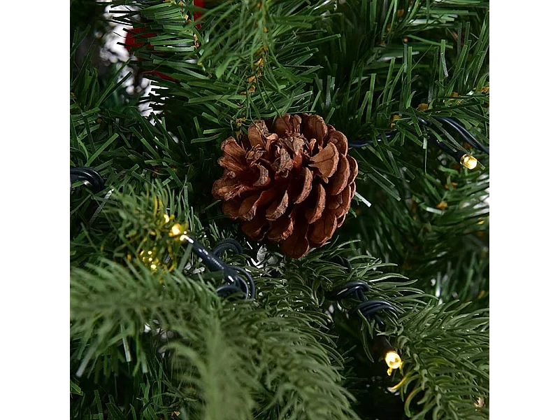 Sapin de Noël Artificiel 225cm Arbre de Noël 61 pommes de pin, Lumières LED, Pied en Métal 55cm, en PVC et PE, Vert
