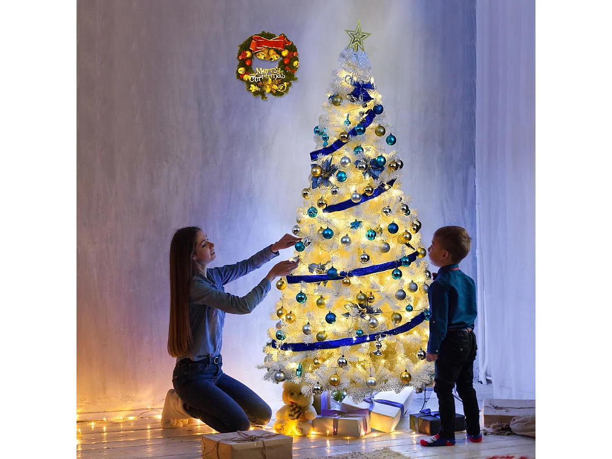 Sapin de Noël Artificiel 210cm pour Décoration de Noël 950 branches, Matériau PVC avec Pied en Métal, Blanc