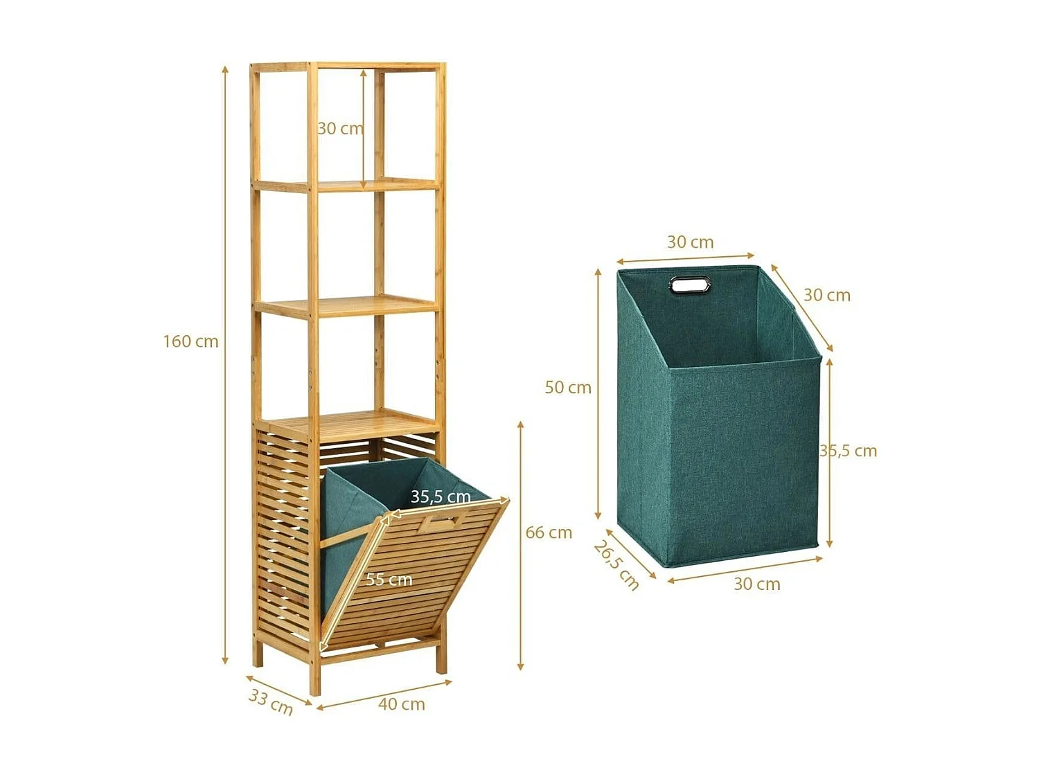 Colonne pour Salle de Bain avec Panier à Linge Basculant et 3 Etagères de Rangement Meuble en Bambou et Toile d'Oxford