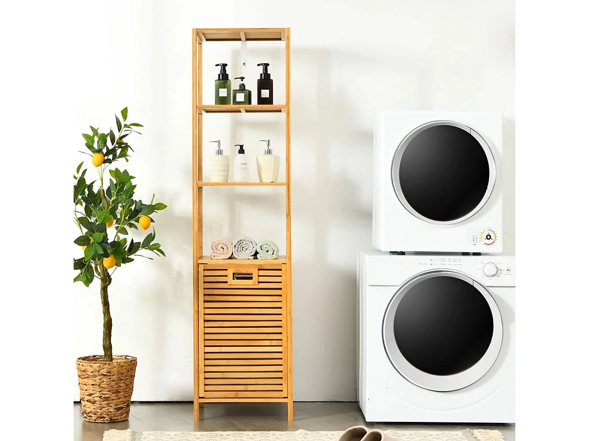 Colonne pour Salle de Bain avec Panier à Linge Basculant et 3 Etagères de Rangement Meuble en Bambou et Toile d'Oxford