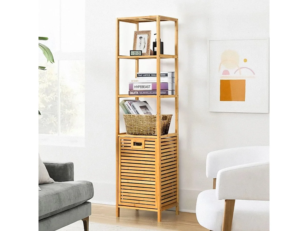 Colonne pour Salle de Bain avec Panier à Linge Basculant et 3 Etagères de Rangement Meuble en Bambou et Toile d'Oxford