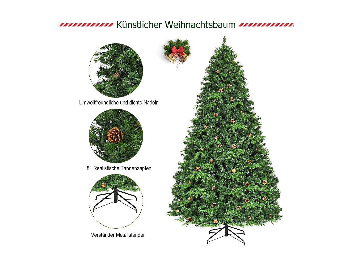 Künstlicher Tannenbaum mit LED-Lichterketten Weihnachtsbaum Christbaum 210/225/240 cm Grün-240 cm