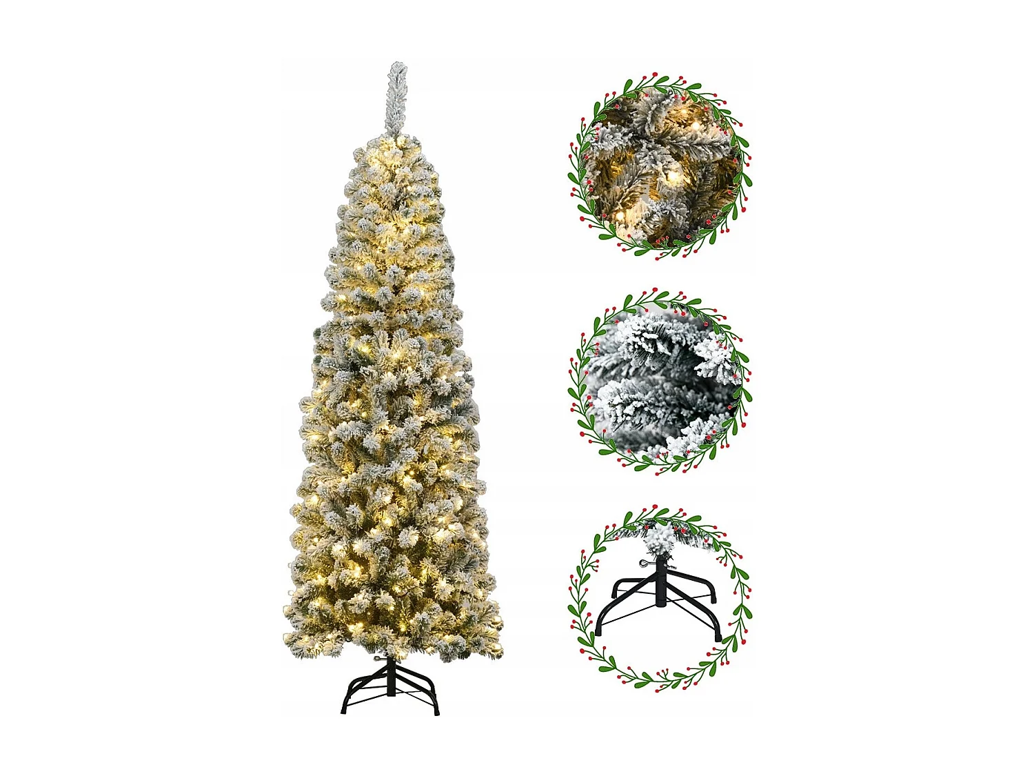 Sapin de Noël Artificiel à Flocons de Neige LED 180CM à Charnières avec 250 Lumières Aiguilles en PVC Support Métallique