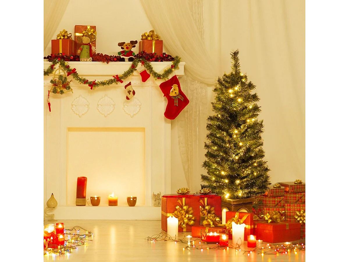 Albero di Natale finto pre-illuminato in vaso da 120cm, Albero d'ingresso artificiale con 100 luci LED timer