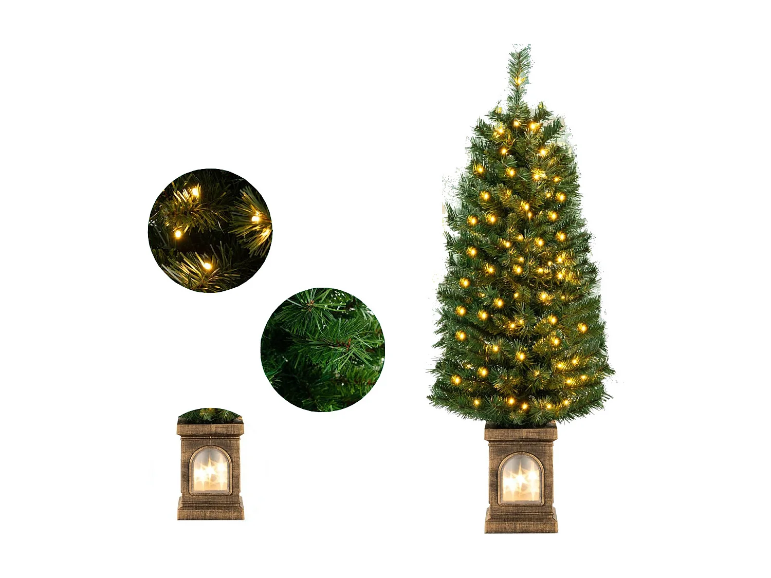 Albero di Natale finto pre-illuminato in vaso da 120cm, Albero d'ingresso artificiale con 100 luci LED timer