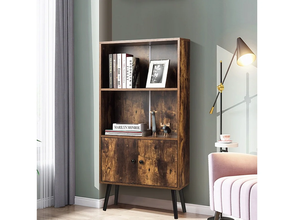 Nostalgie Bücherregal mit 3 Regalbrettern & 2 Türen & Soliden Holzbeinen für Wohnzimmer Büro Braun