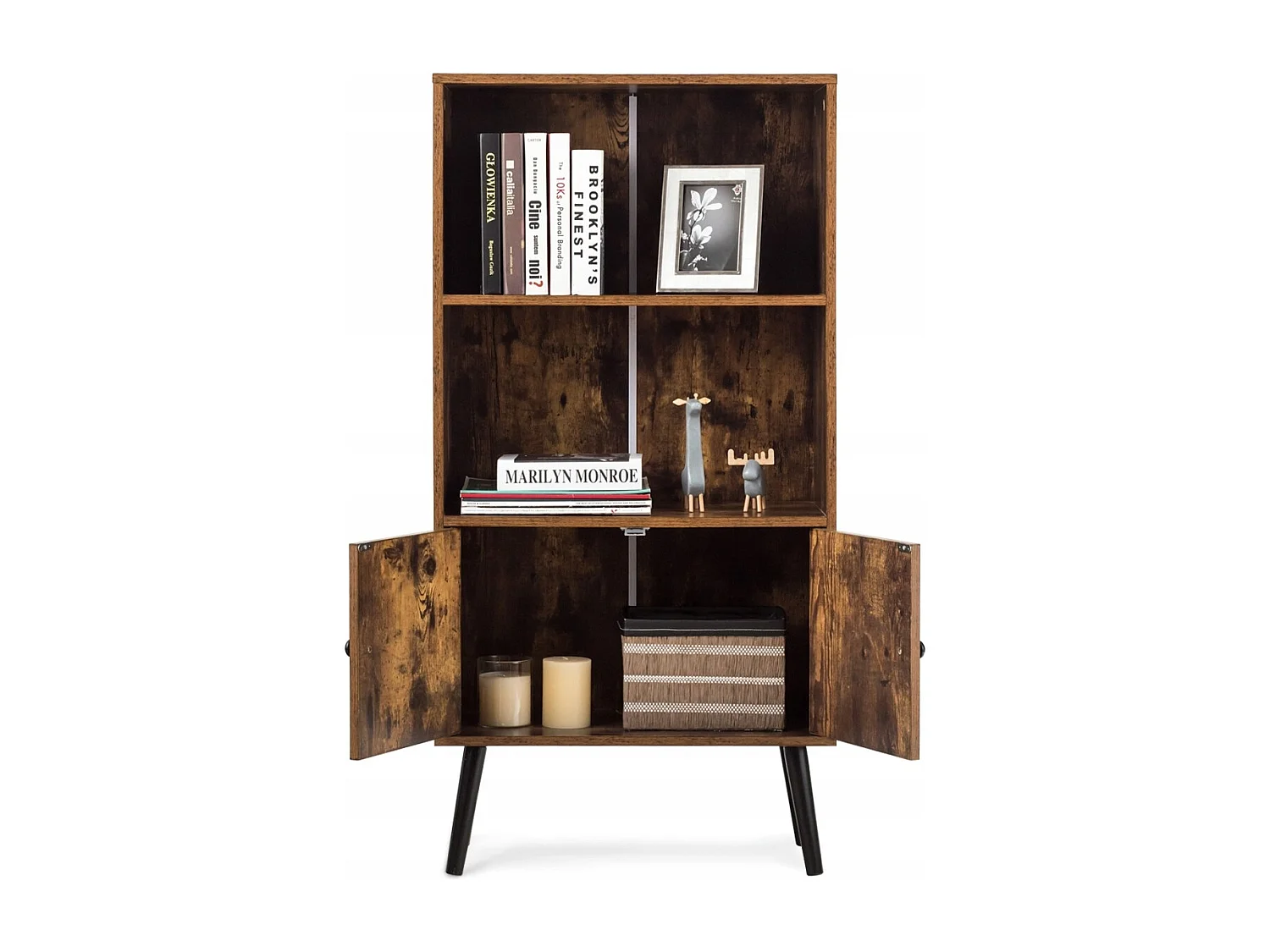 Nostalgie Bücherregal mit 3 Regalbrettern & 2 Türen & Soliden Holzbeinen für Wohnzimmer Büro Braun