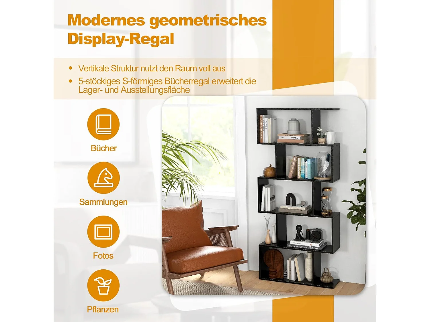 5-stufiges Bücherregal mit Kippschutz freistehender Raumteiler dekoratives Ausstellungsregal Schwarz