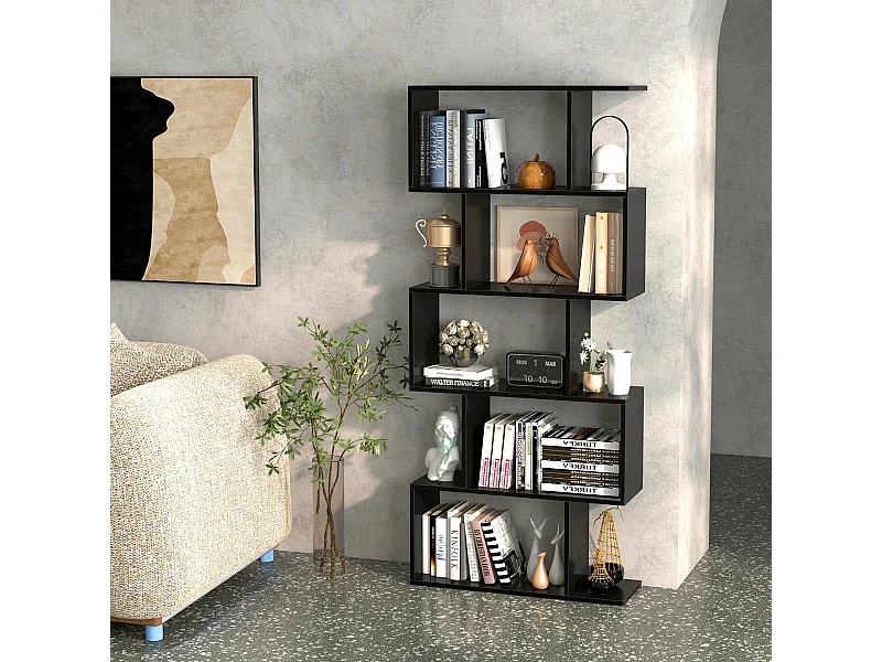 Scaffale a 5 ripiani con dispositivo antiribaltamento, Libreria geometrica a forma di S Nero