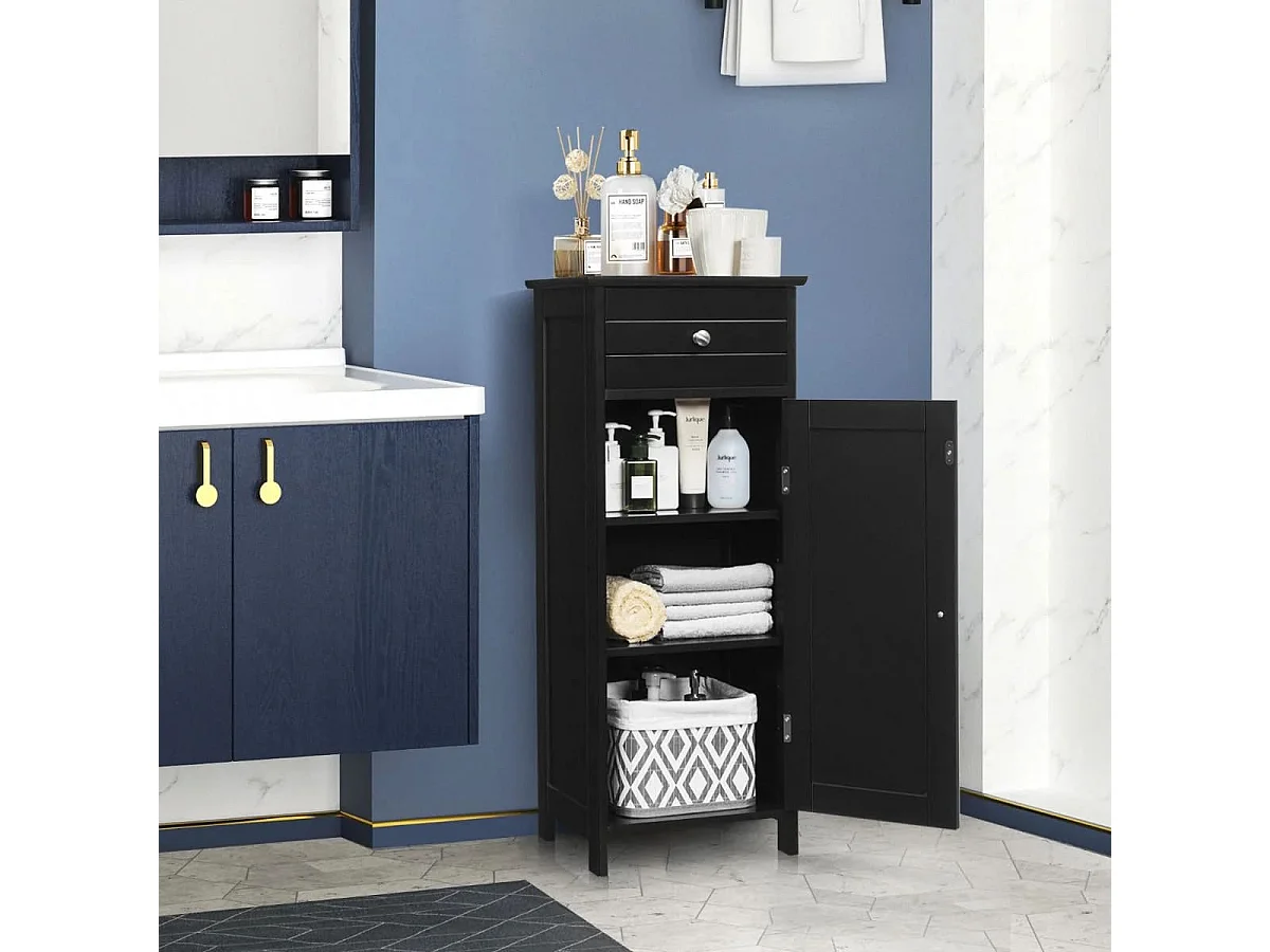 Badezimmer-Bodenschrank freistehender Schrank mit 1 großen Schublade & 2 verstellbaren Regale  Schwarz