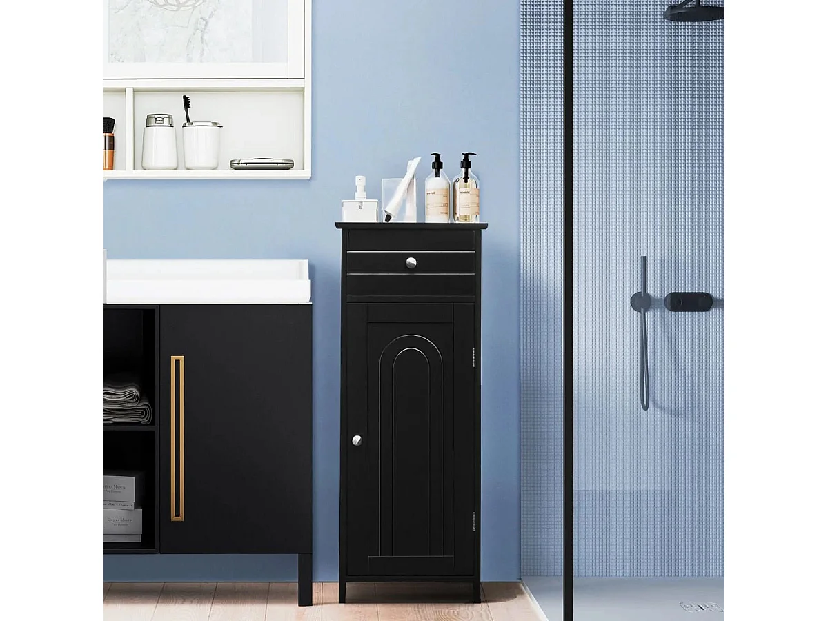 Badezimmer-Bodenschrank freistehender Schrank mit 1 großen Schublade & 2 verstellbaren Regale  Schwarz