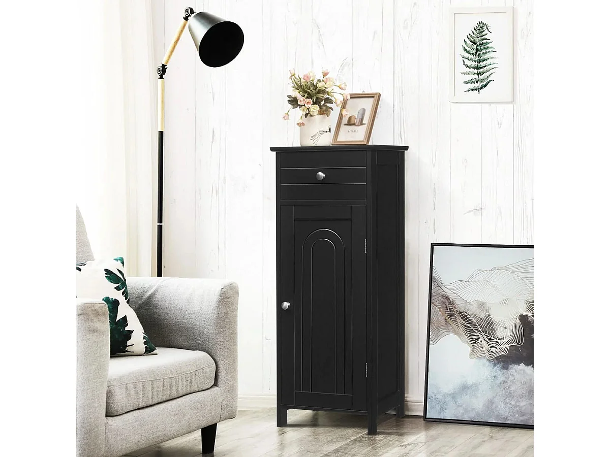 Badezimmer-Bodenschrank freistehender Schrank mit 1 großen Schublade & 2 verstellbaren Regale  Schwarz