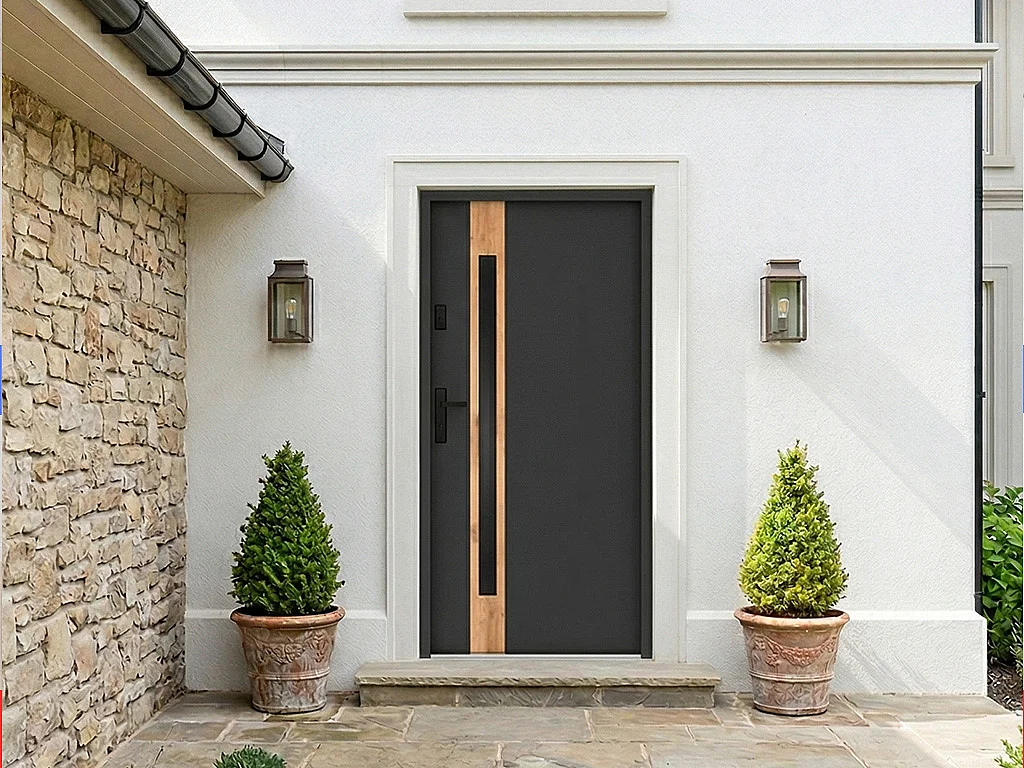 Porte d'entrée en acier pleine et inox H207 x L100 cm - verre fumé - anthracite et effet chêne - épaisseur 55 mm - poussant droit - BRAGA