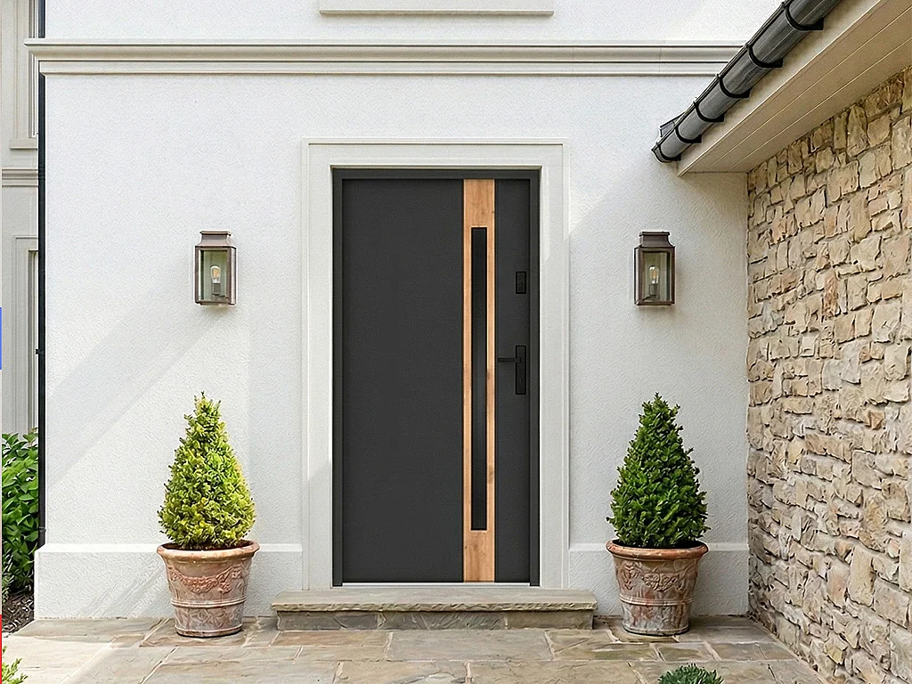 Porte d'entrée en acier pleine et inox H207 x L100 cm - verre fumé - anthracite et effet chêne - épaisseur 55 mm - poussant gauche - BRAGA