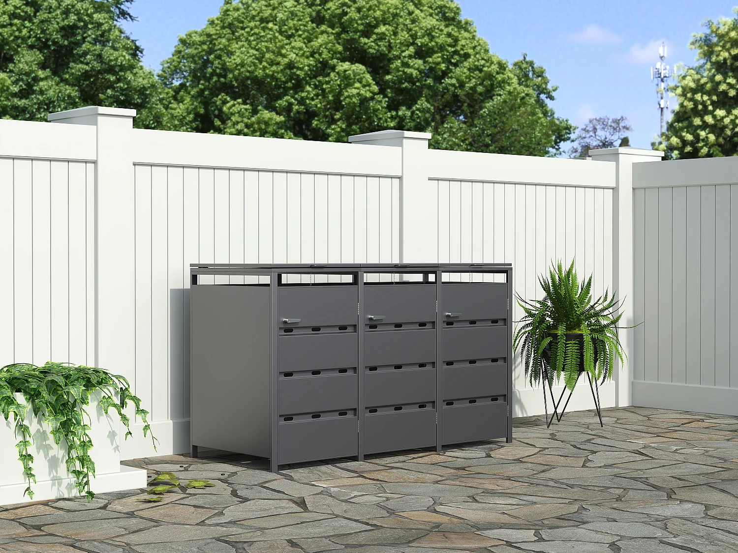 Osłona na śmietnik z ocynkowanej stali w kolorze antracytowym - 0,6 mm - 3 kosze po 240L - S200 x G80 x W116 cm - LOKAFA