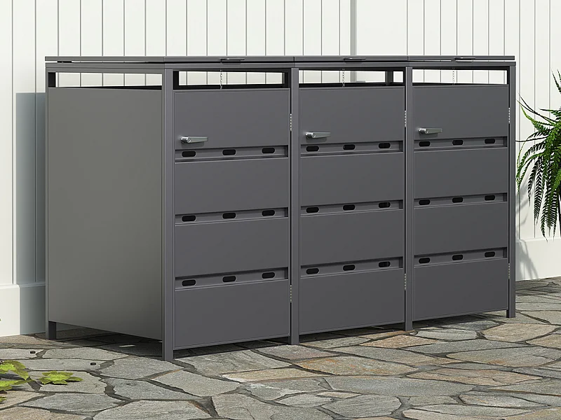 Osłona na śmietnik z ocynkowanej stali w kolorze antracytowym - 0,6 mm - 3 kosze po 240L - S200 x G80 x W116 cm - LOKAFA