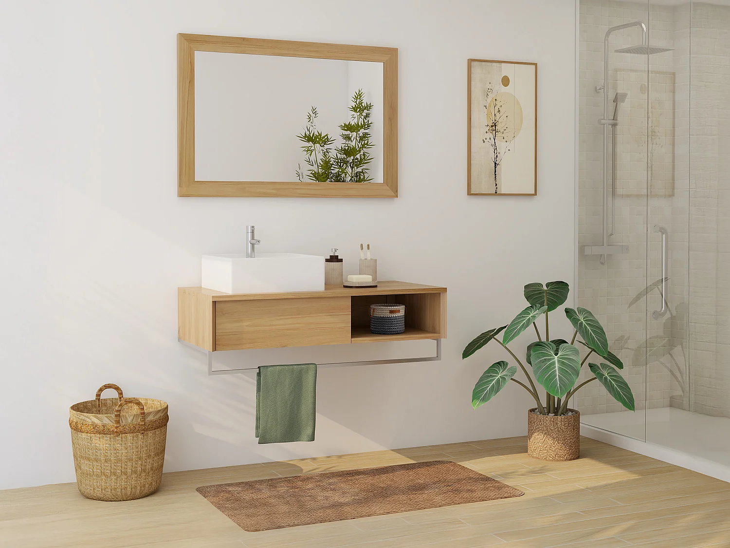 Mobile bagno sospeso in teak con portasciugamani e lavabo da appoggio quadrato in ceramica 105 cm - KUPANG