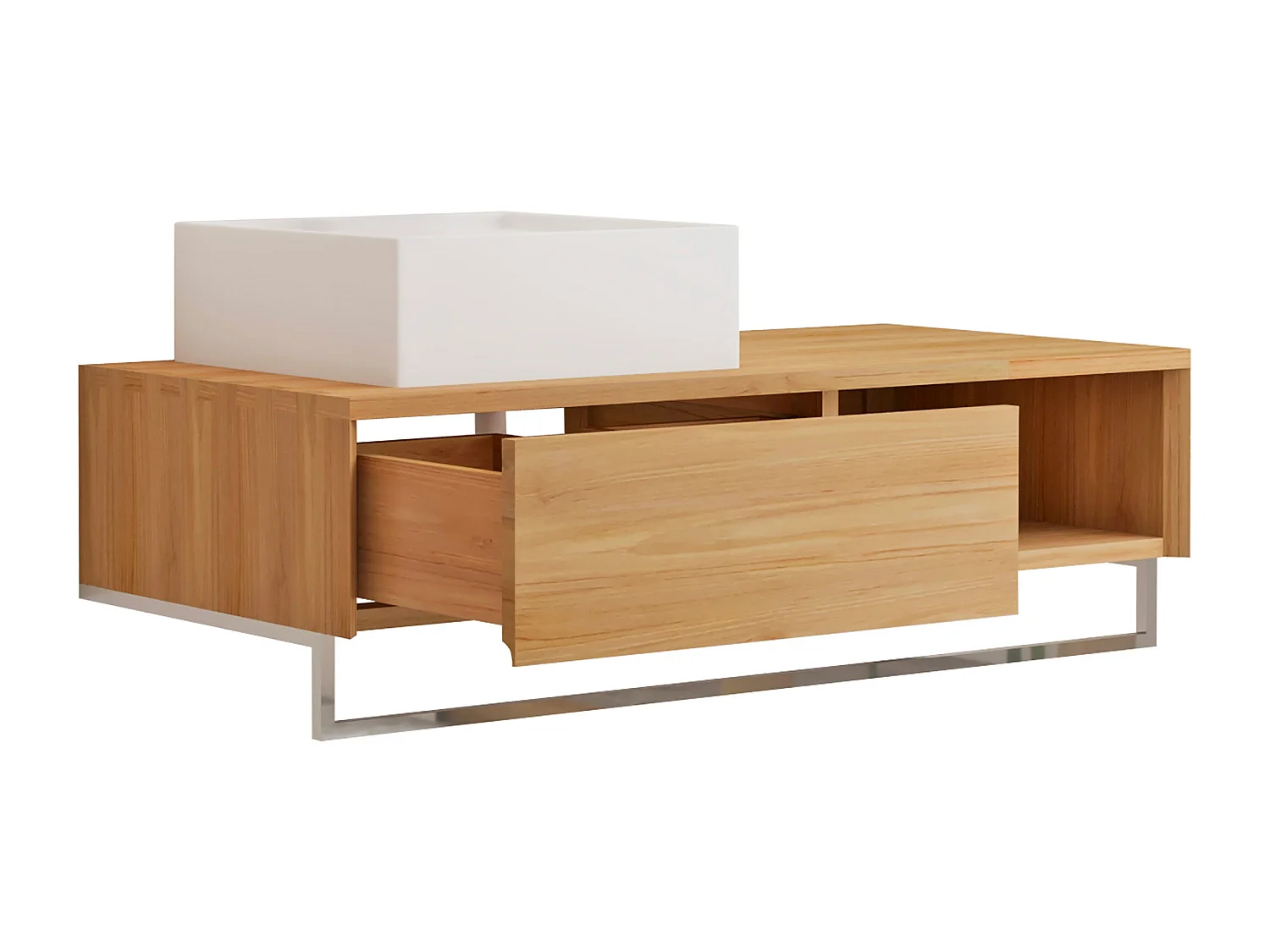 Mobile bagno sospeso in teak con portasciugamani e lavabo da appoggio quadrato in ceramica 105 cm - KUPANG