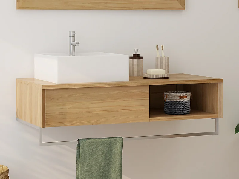 Mobile bagno sospeso in teak con portasciugamani e lavabo da appoggio quadrato in ceramica 105 cm - KUPANG