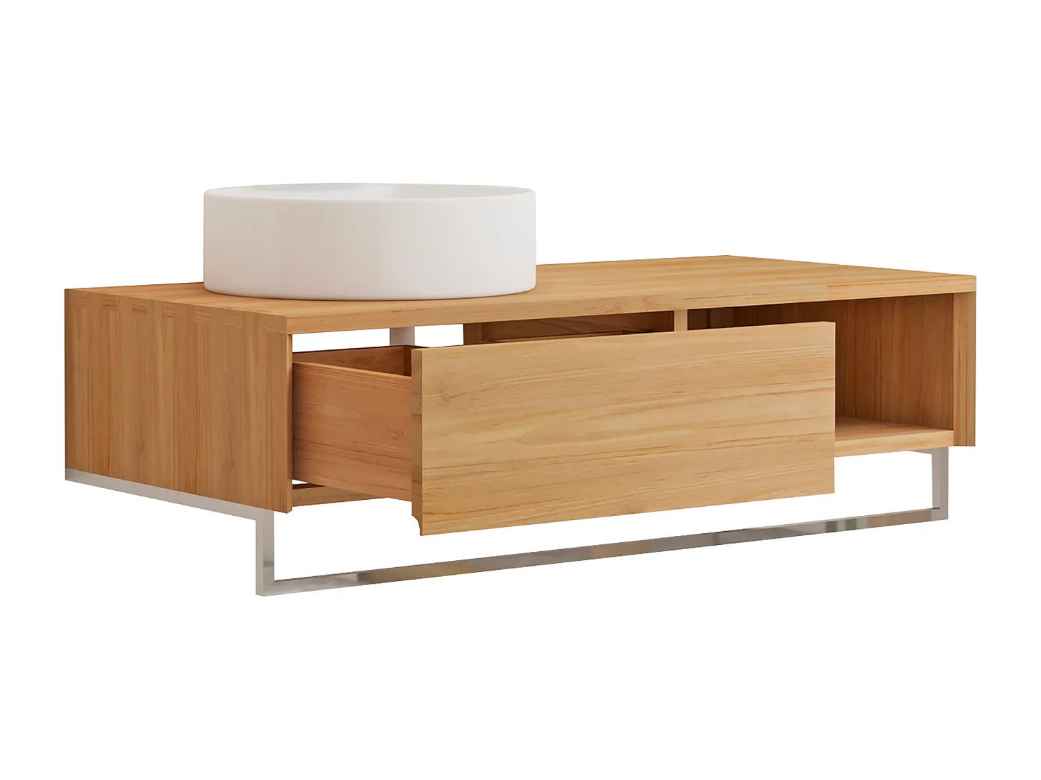 Mobile bagno sospeso in teak con portasciugamani e lavabo da appoggio rotondo in ceramica 105 cm - KUPANG