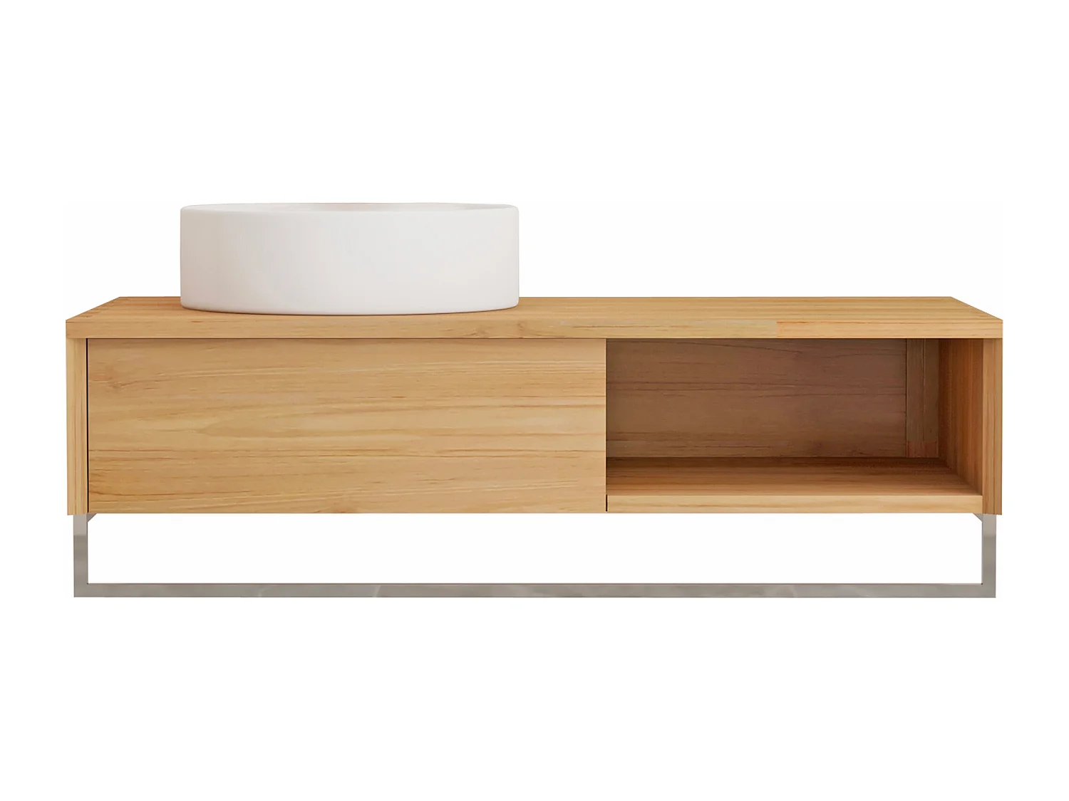 Mobile bagno sospeso in teak con portasciugamani e lavabo da appoggio rotondo in ceramica 105 cm - KUPANG