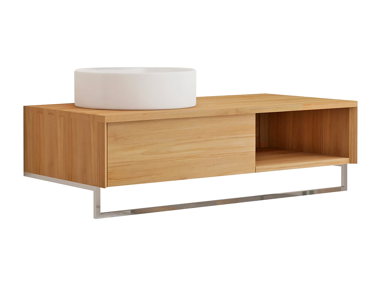 Mobile bagno sospeso in teak con portasciugamani e lavabo da appoggio rotondo in ceramica 105 cm - KUPANG