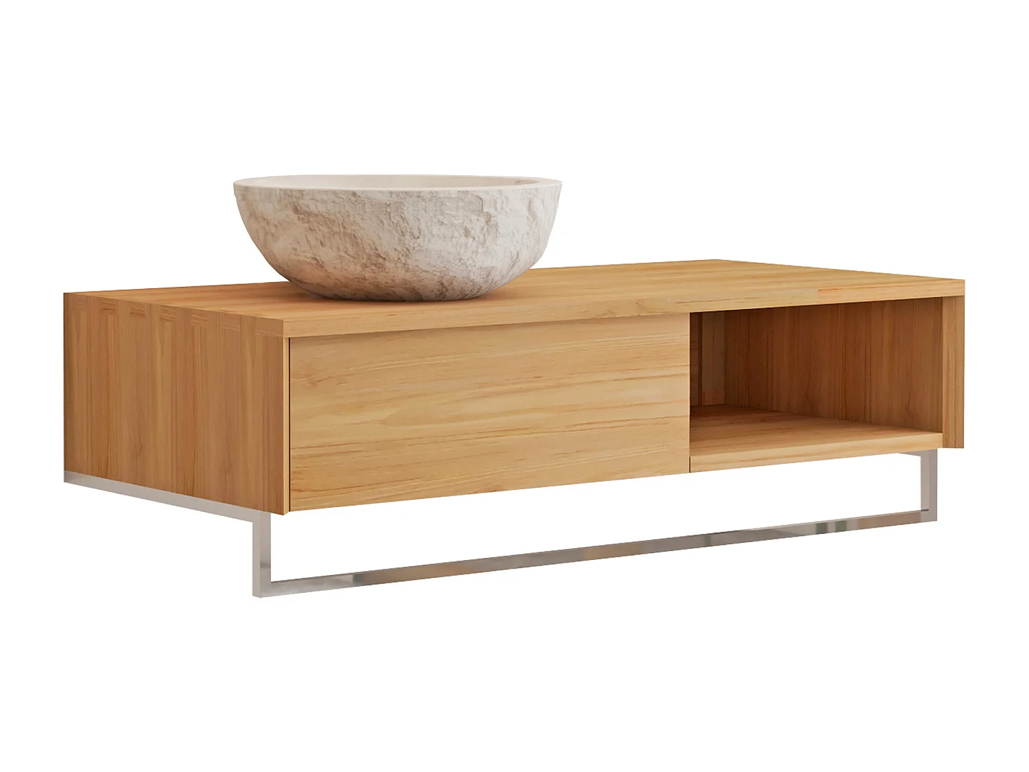 Mobile bagno sospeso in teak con portasciugamani e lavabo da appoggio crema in pietra 105 cm - KUPANG