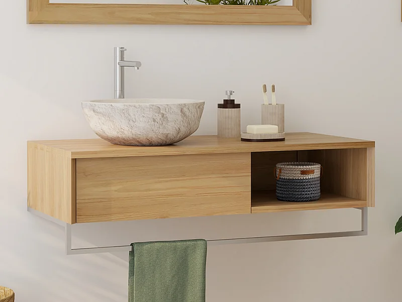 Mobile bagno sospeso in teak con portasciugamani e lavabo da appoggio crema in pietra 105 cm - KUPANG