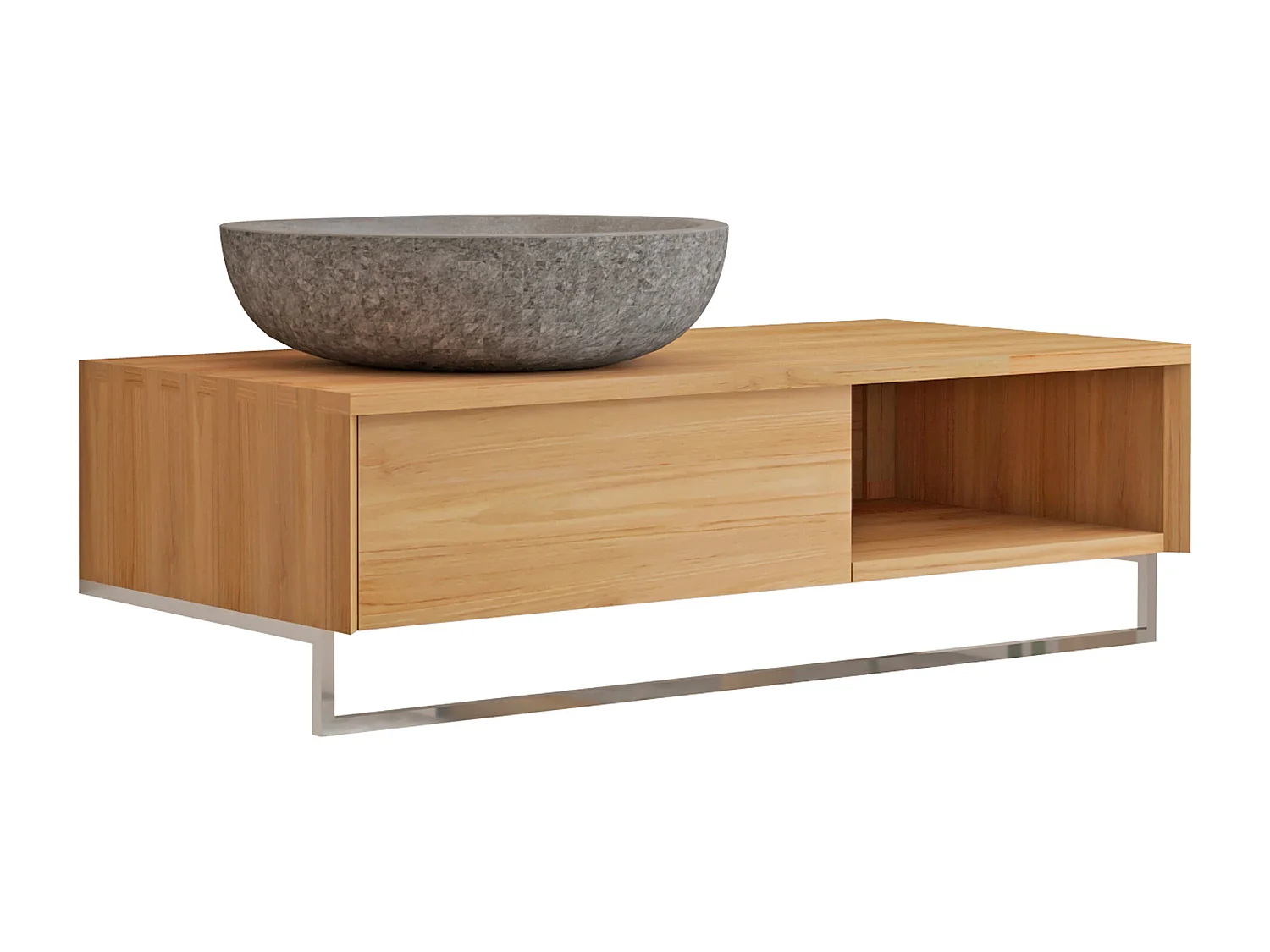 Mobile bagno sospeso in teak con portasciugamani e lavabo da appoggio grigio in pietra 105 cm - KUPANG