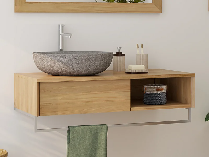 Mobile bagno sospeso in teak con portasciugamani e lavabo da appoggio grigio in pietra 105 cm - KUPANG