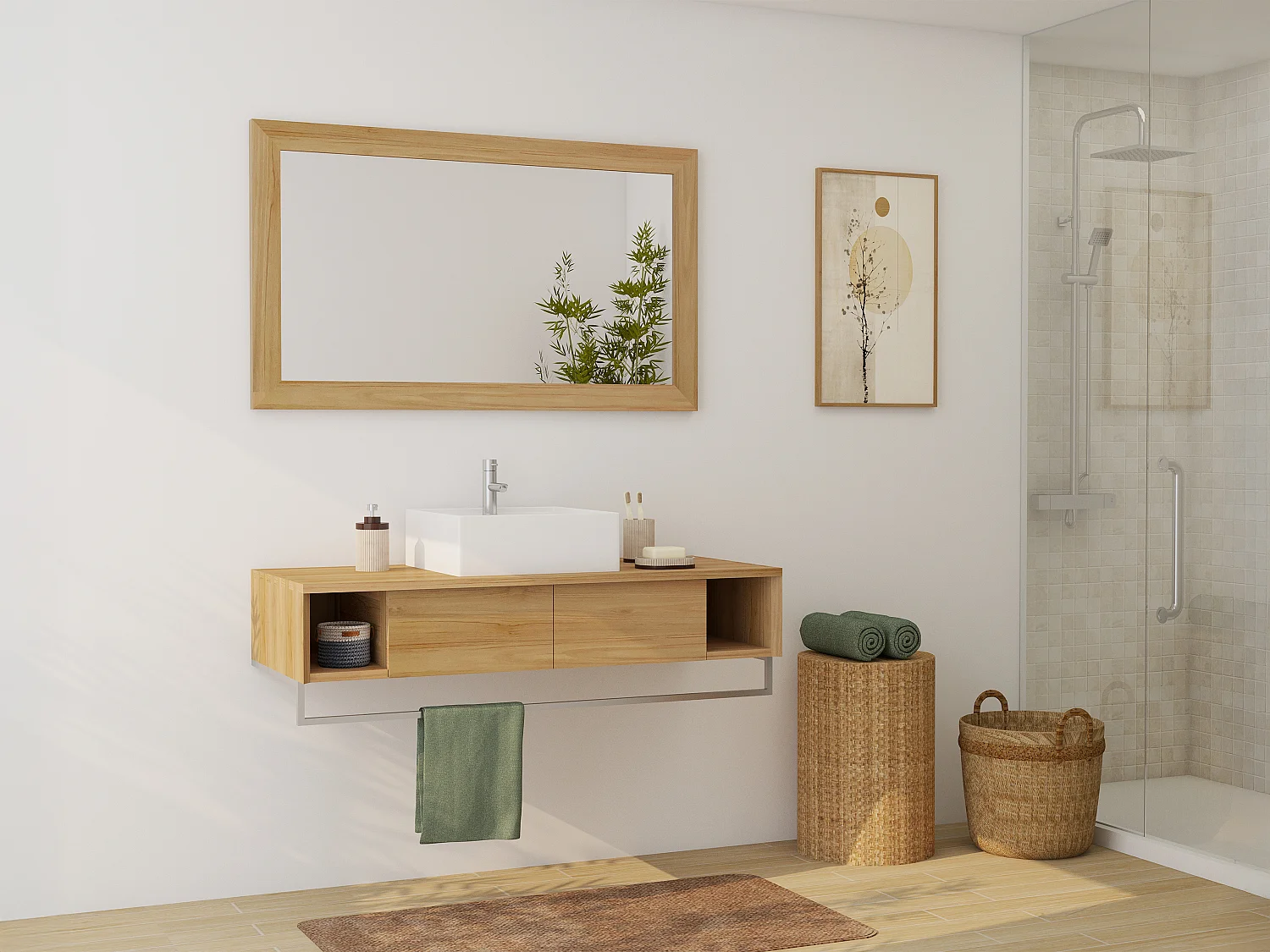 Mobile bagno sospeso in teak con portasciugamani e lavabo da appoggio quadrato in ceramica 120 cm - KUPANG