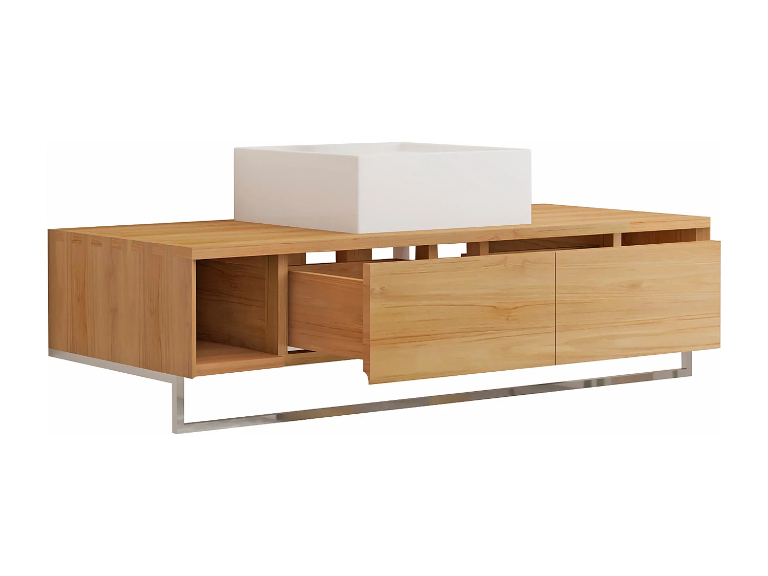 Mobile bagno sospeso in teak con portasciugamani e lavabo da appoggio quadrato in ceramica 120 cm - KUPANG