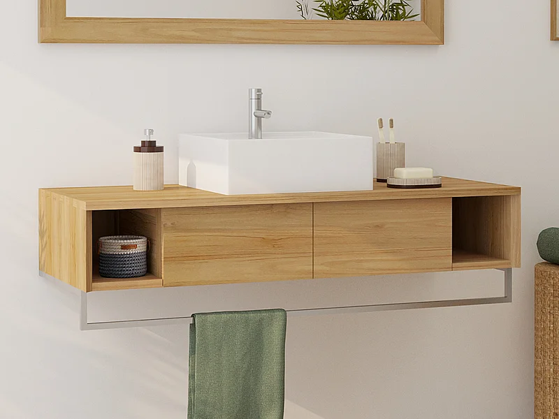Mobile bagno sospeso in teak con portasciugamani e lavabo da appoggio quadrato in ceramica 120 cm - KUPANG