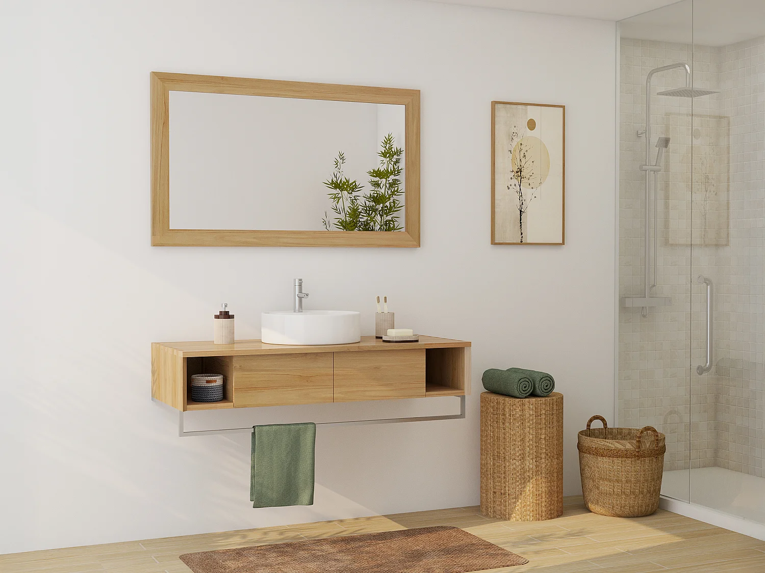 Mobile bagno sospeso in teak con portasciugamani e lavabo da appoggio rotondo in ceramica 120 cm - KUPANG