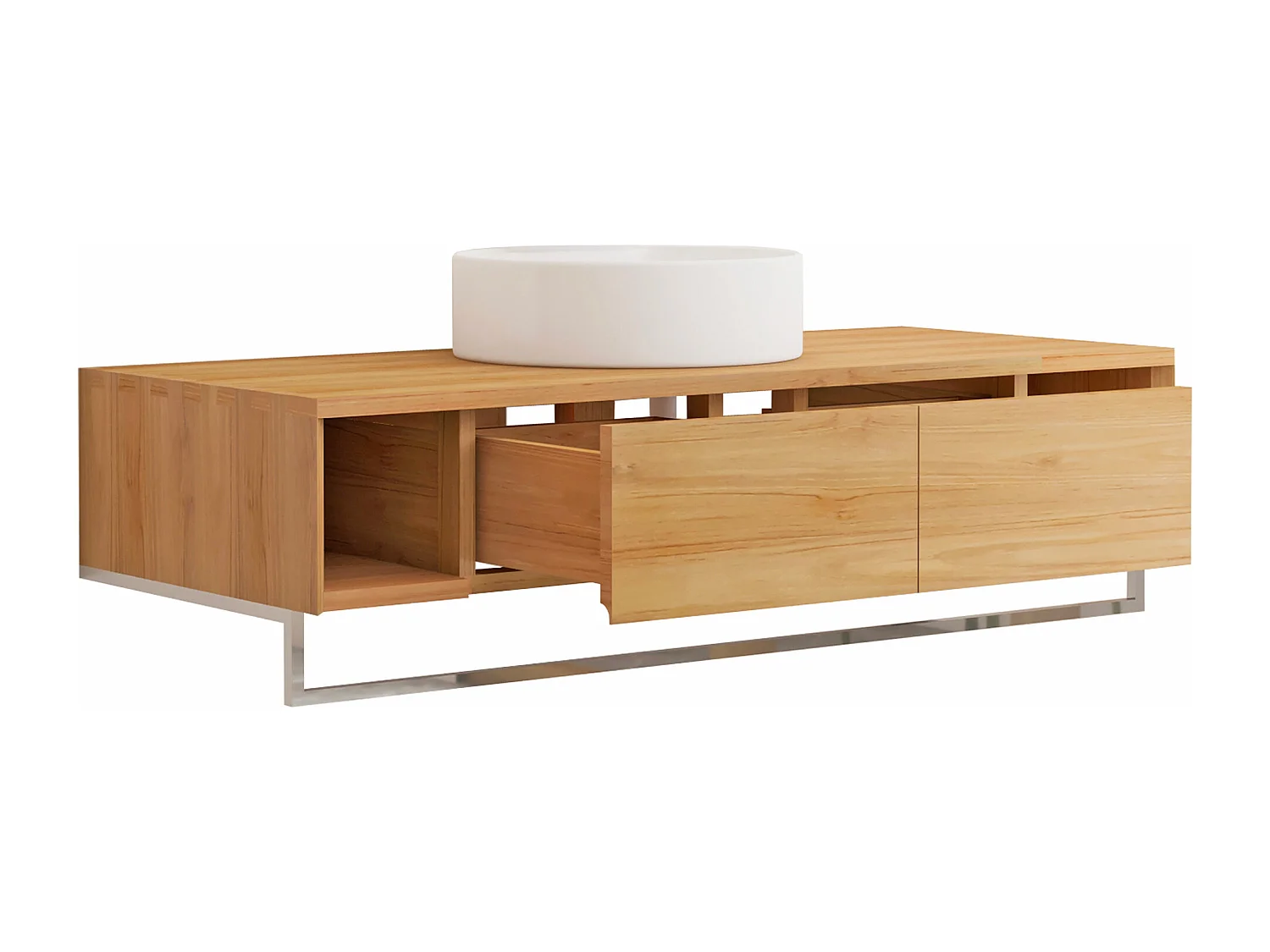 Mobile bagno sospeso in teak con portasciugamani e lavabo da appoggio rotondo in ceramica 120 cm - KUPANG