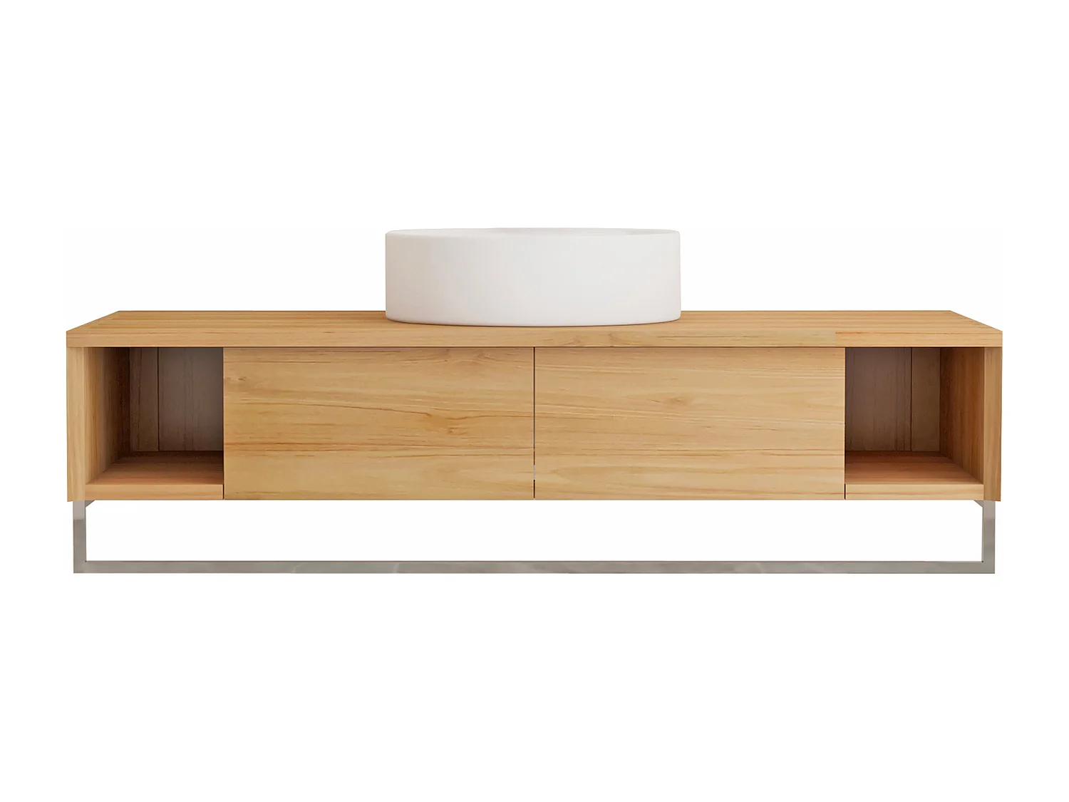 Mobile bagno sospeso in teak con portasciugamani e lavabo da appoggio rotondo in ceramica 120 cm - KUPANG