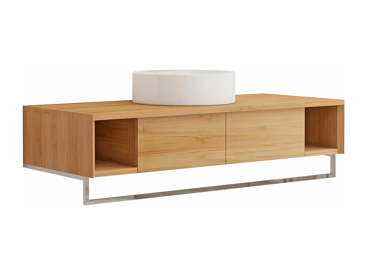 Mobile bagno sospeso in teak con portasciugamani e lavabo da appoggio rotondo in ceramica 120 cm - KUPANG