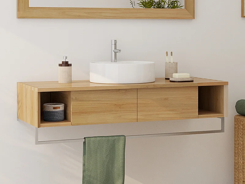 Mobile bagno sospeso in teak con portasciugamani e lavabo da appoggio rotondo in ceramica 120 cm - KUPANG