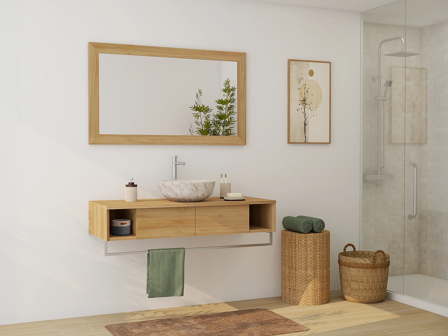 Mobile bagno sospeso in teak con portasciugamani e lavabo da appoggio crema in pietra 120 cm - KUPANG