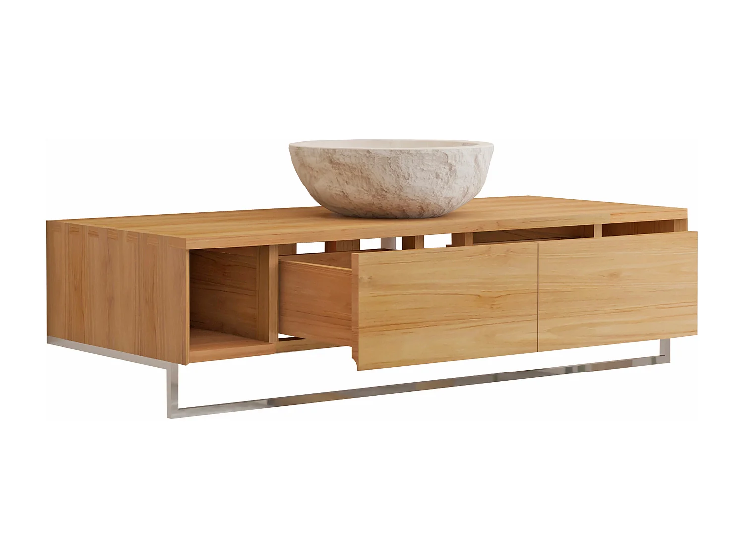 Mobile bagno sospeso in teak con portasciugamani e lavabo da appoggio crema in pietra 120 cm - KUPANG