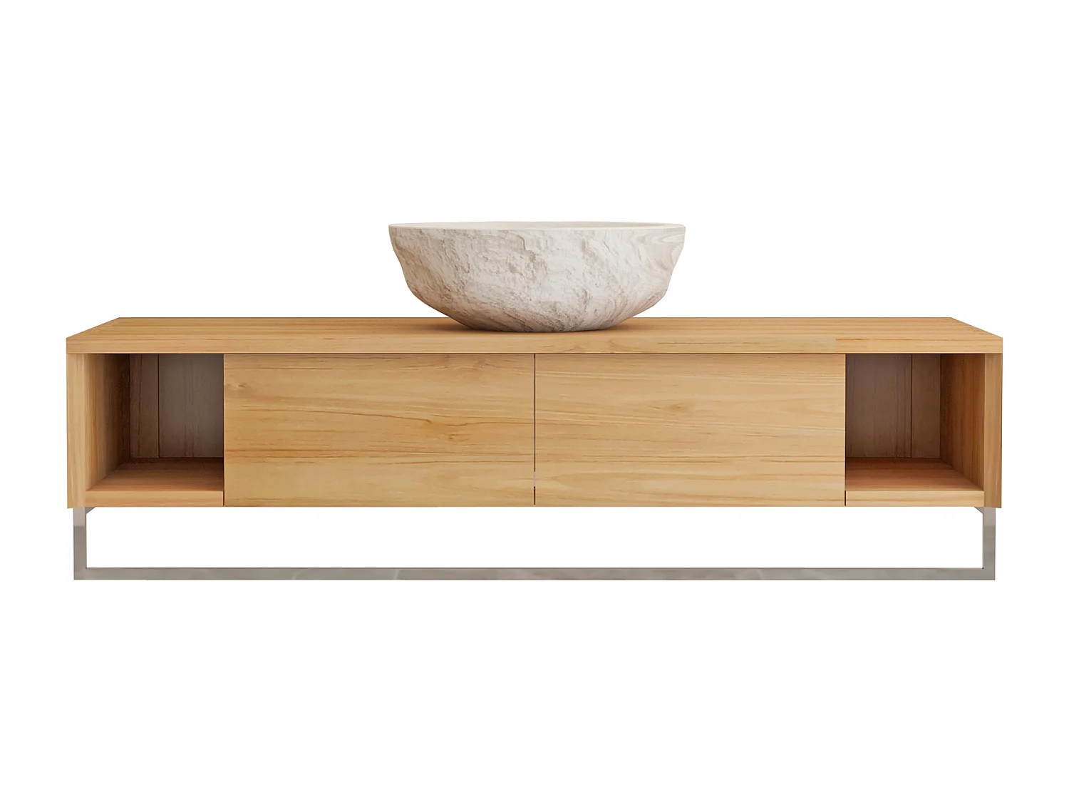 Mobile bagno sospeso in teak con portasciugamani e lavabo da appoggio crema in pietra 120 cm - KUPANG