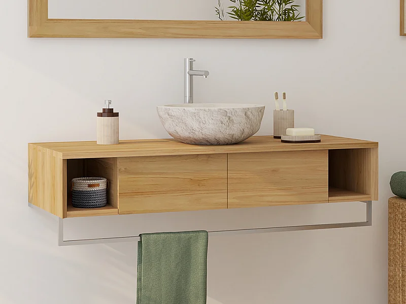 Mobile bagno sospeso in teak con portasciugamani e lavabo da appoggio crema in pietra 120 cm - KUPANG