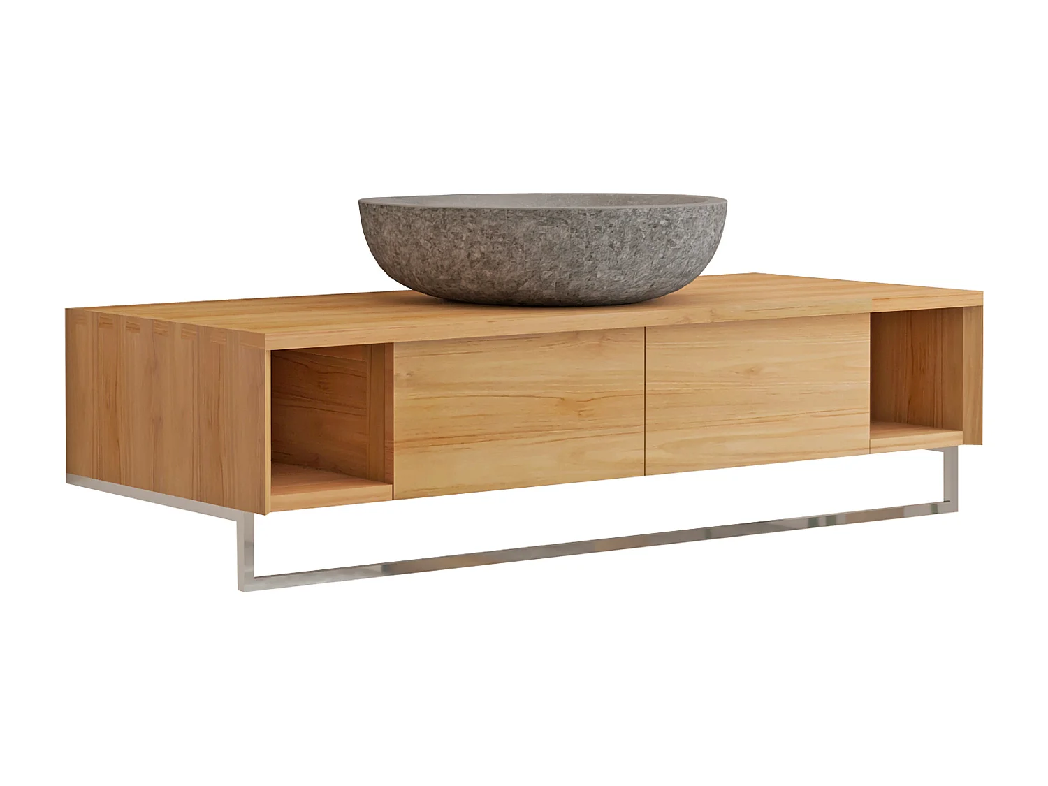 Mobile bagno sospeso in teak con portasciugamani e lavabo da appoggio grigio in pietra 120 cm - KUPANG